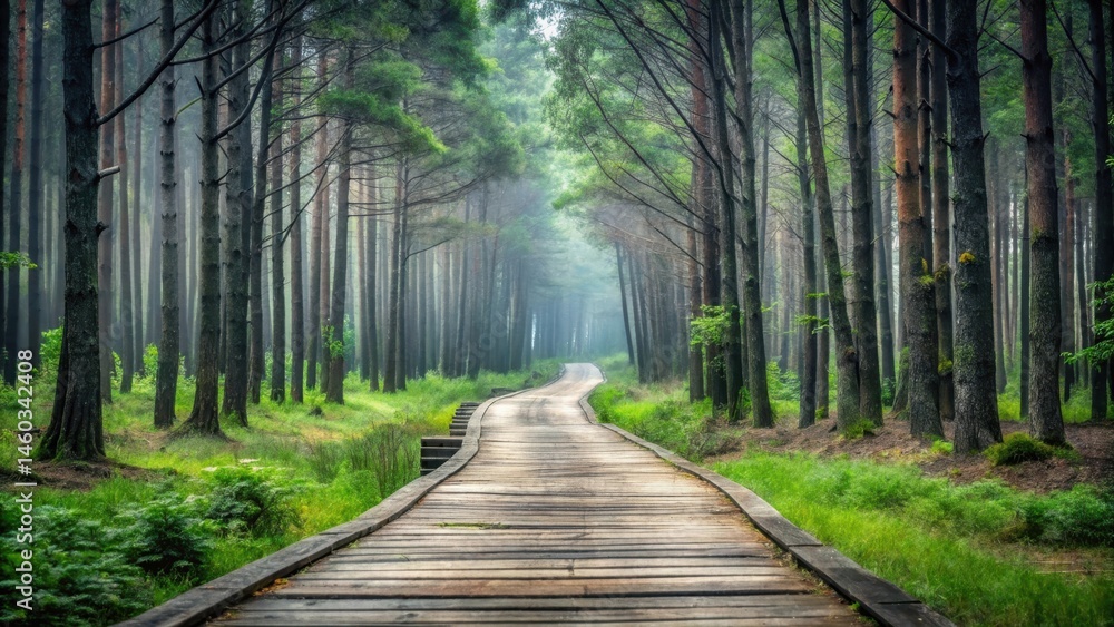 Obraz premium Wooden walkway through a misty pine forest, leading to a tranquil destination