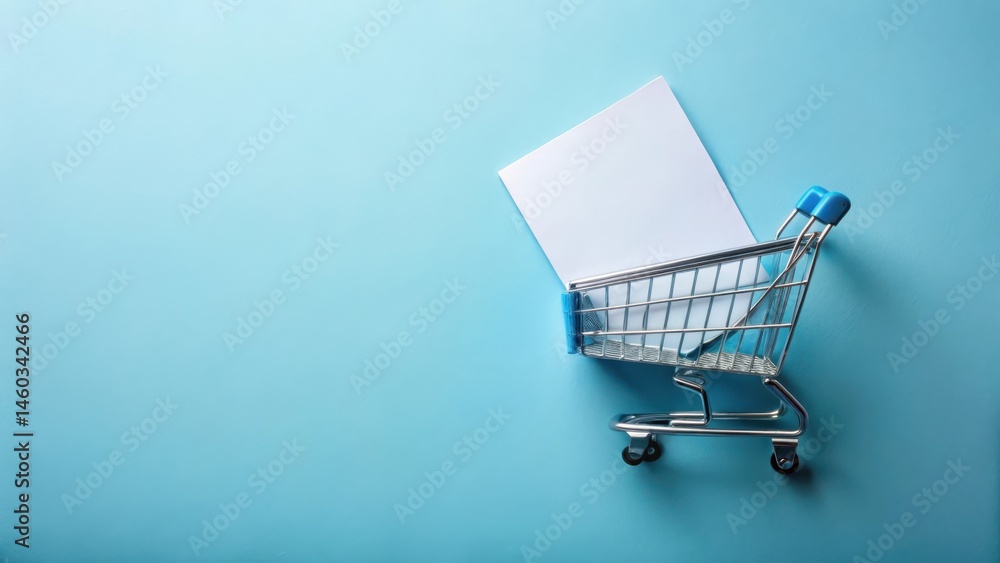 A miniature shopping cart with a blank notecard rests on a pastel blue background, symbolizing online shopping convenience and the potential for customized messaging or product information A miniature shopping cart with a blank notecard rests on a pastel blue background, symbolizing online shopping convenience and the potential for customized messaging or product information