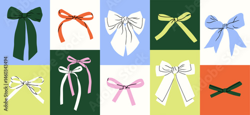 Big posters set with bows and ribbons. Perfect for greeting card, packaging, digital design, fashion prints, logos and other creative projects. Vector illustrations, colorful design.