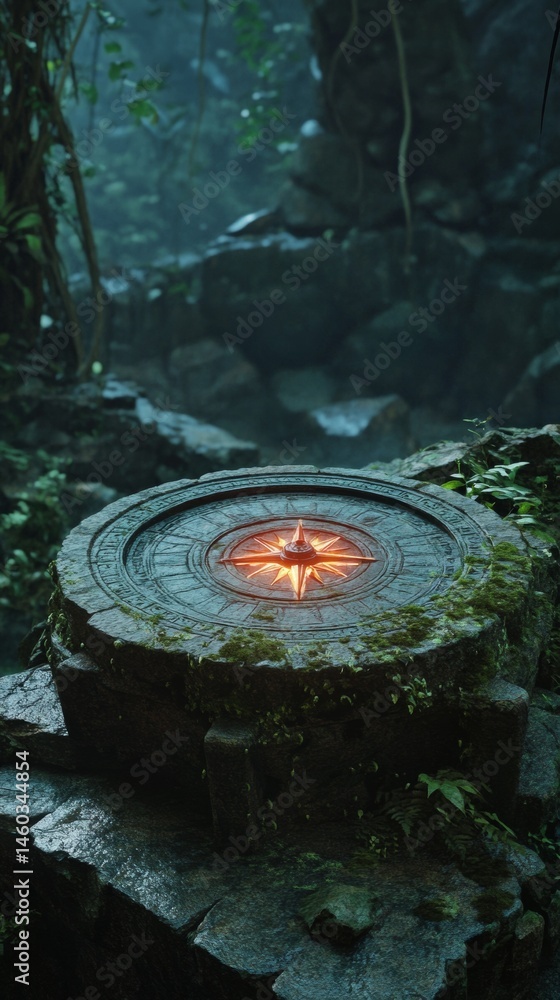 Ancient stone with a shiny compass with copy space vertically 9:16