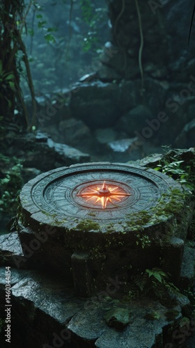 Obraz na płótnie Ancient stone with a shiny compass with copy space vertically 9:16 w salonie