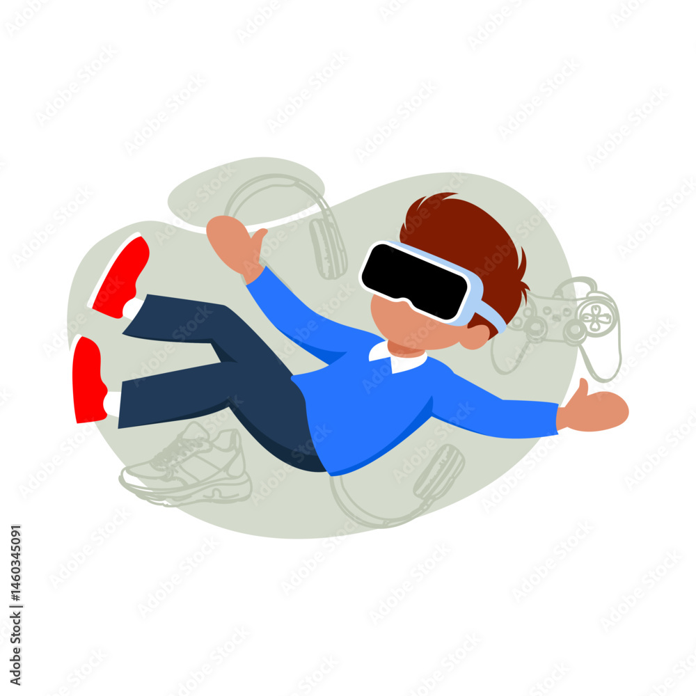 boy playing game with VR glasses simple flat illustration boy playing game with VR glasses simple flat illustration