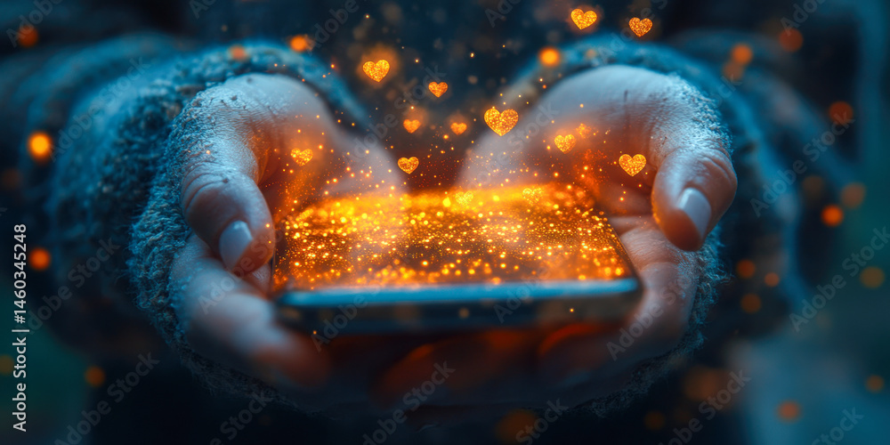 Fototapeta premium Hands holding a smartphone that emits glowing hearts and sparkles in a conceptual social media setting