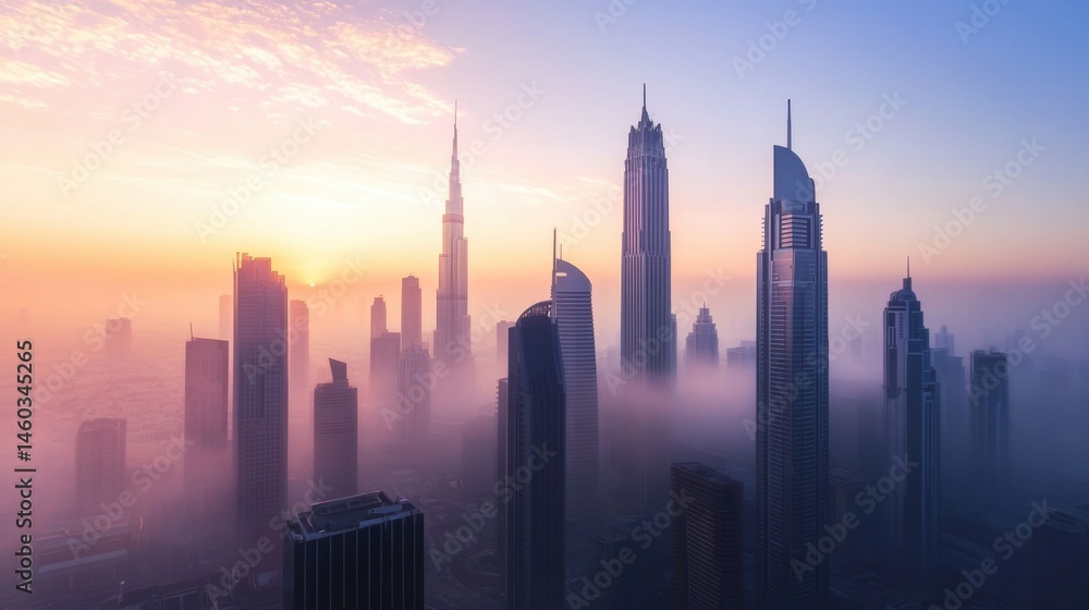 Obraz premium Misty sunrise over a cityscape of modern towers.