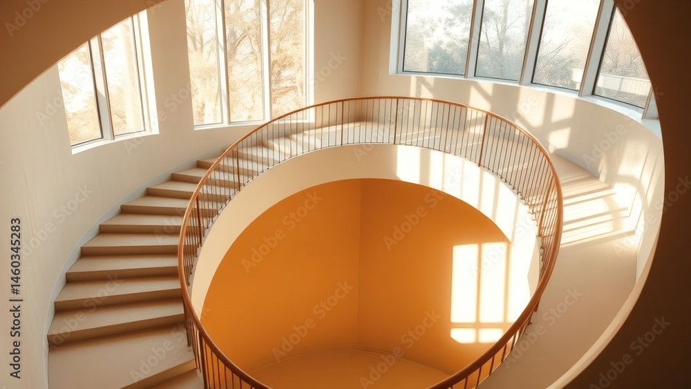 Fototapeta premium Vibrant spiral staircase lit by soft morning light in muted tones