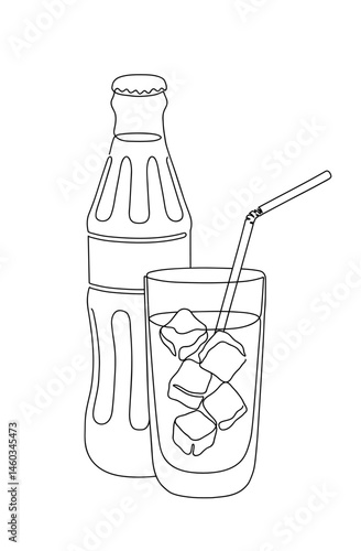 Coke bottle and drink glass with ice cubes. Lemonade cocktail line art style icon. Continuous line drawing vector illustration