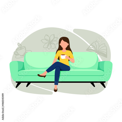 woman relaxing on sofa drinking coffee flat illustration 