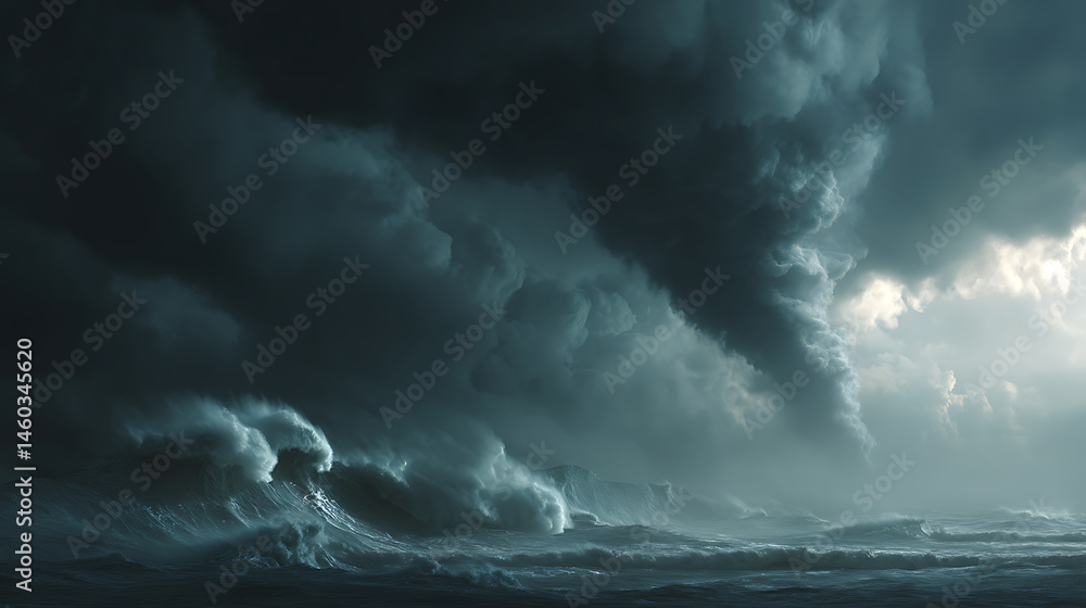 Obraz premium Apocalyptic dramatic background, giant tsunami waves, dark stormy sky, tornado, huge waves tsunami big waves
