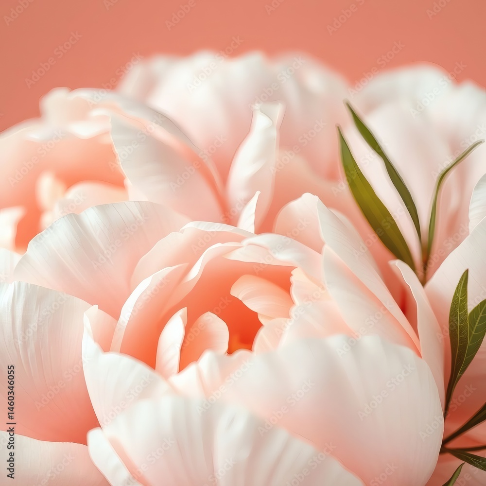 Soft peonies on a pale coral background with delicate leaf accents Soft peonies on a pale coral background with delicate leaf accents