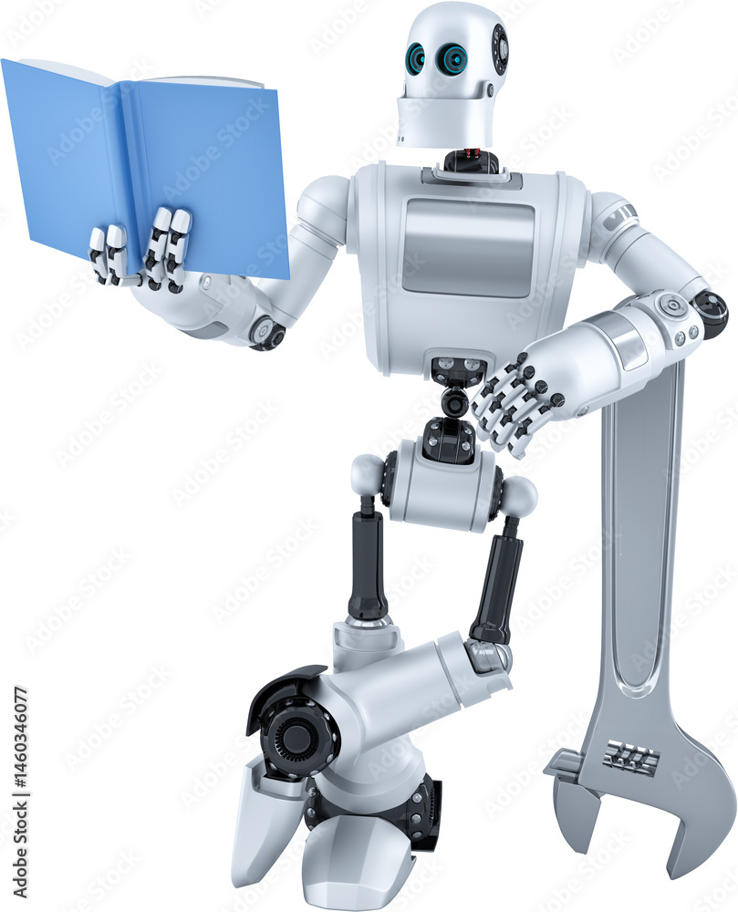 Robot studying engineering holding a wrench and a book Robot studying engineering holding a wrench and a book