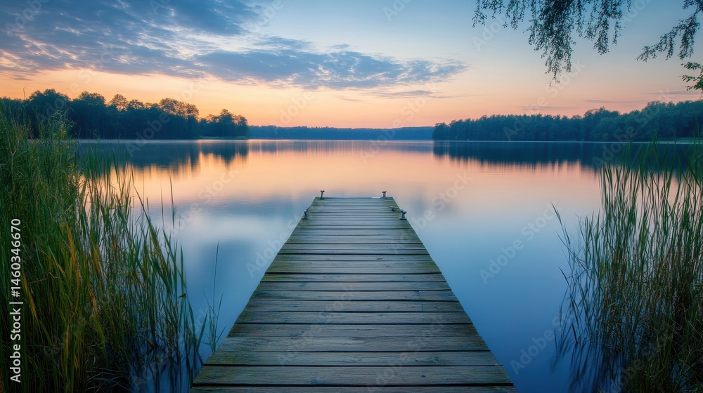 Fototapeta premium Tranquil lakefront wooden pier at sunrise.