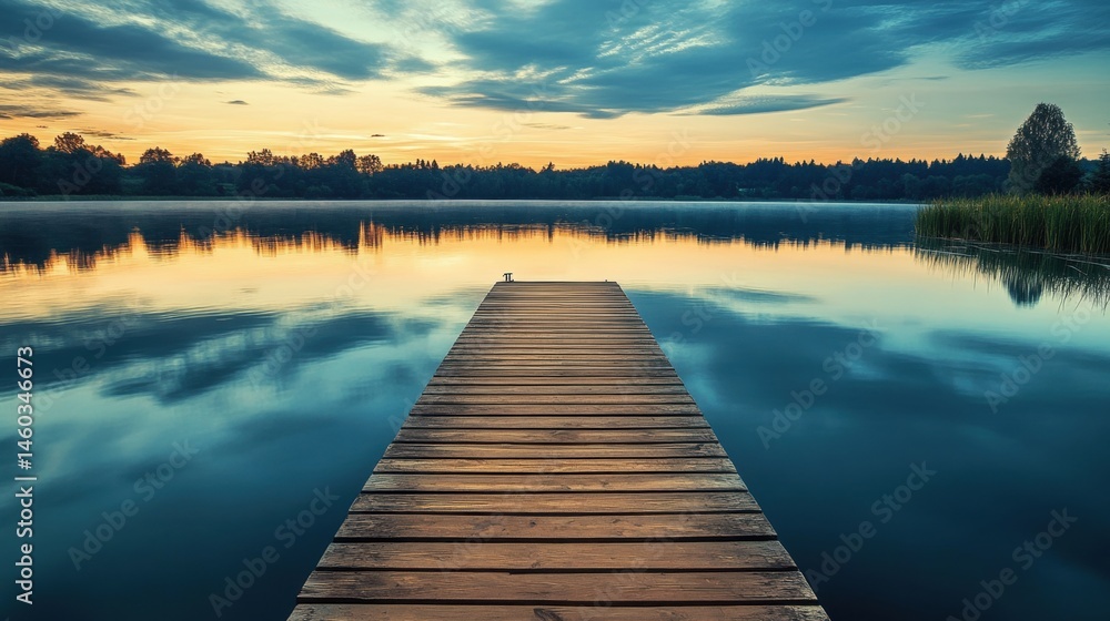 Obraz premium Serene lake sunrise with a wooden pier.
