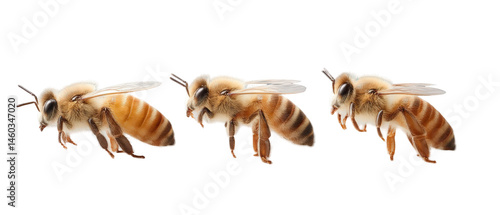 Three close-up images of honeybees in various poses, showcasing their intricate features and wings