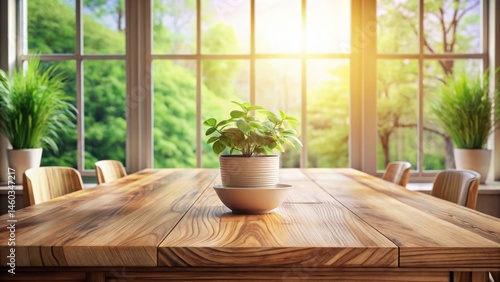 A potted plant sits serenely on a light wood dining table, bathed in the warm glow of sunlight streaming through a large window overlooking a vibrant green landscape.