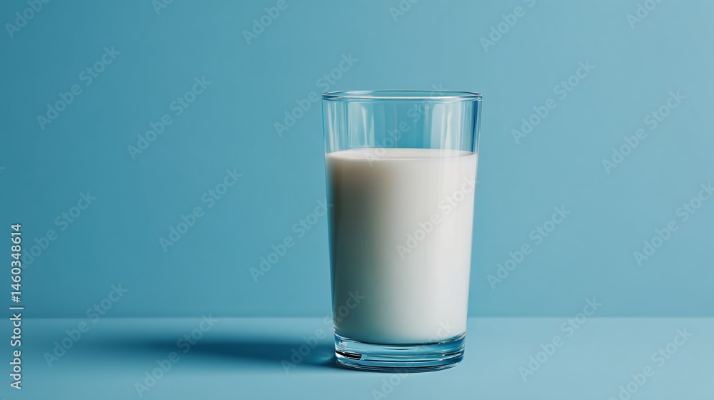 Glass of milk on blue background, showcasing purity and freshness, ideal for dairy product advertisement or healthy lifestyle concepts Glass of milk on blue background, showcasing purity and freshness, ideal for dairy product advertisement or healthy lifestyle concepts