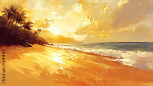 Golden sunset over a tropical beach scene.