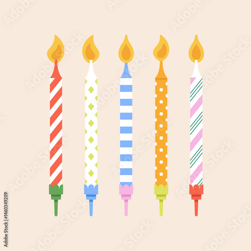 Vector illustration of birthday candles set. Good for prints, greeting card and stationery design, party invitations, and other celebratory materials. Colorful design, various ornaments.