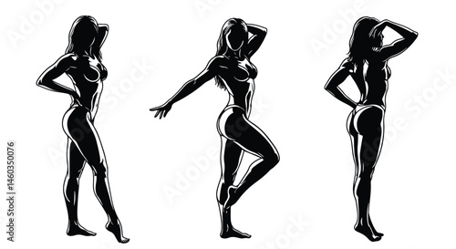 Adobe Illustrator Artwork Elegant vector flat illustration silhouettes of a fit woman in various bodybuilding poses. Graceful physique showcasing female fitness and muscle definition. Ideal for health