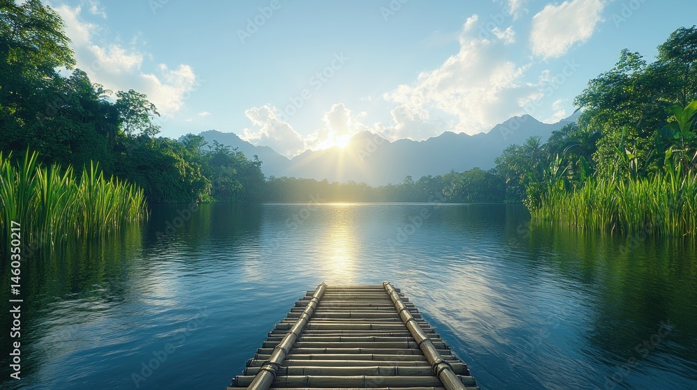 Naklejka premium Tranquil lake scene, bamboo dock. Lush jungle, sunrise