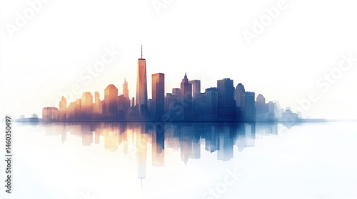 Wallpaper Mural Glowing Manhattan skyline at dusk, tall buildings against the twilight, waterfront shimmer, wide view, pure white background, urban iconography.   Torontodigital.ca
