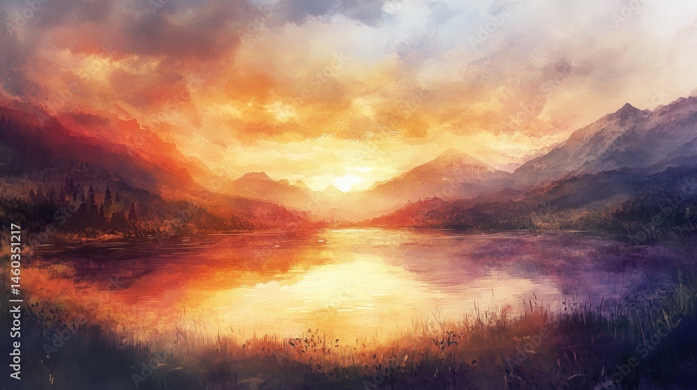 Fototapeta premium A breathtaking mountain lake scene at sunset.