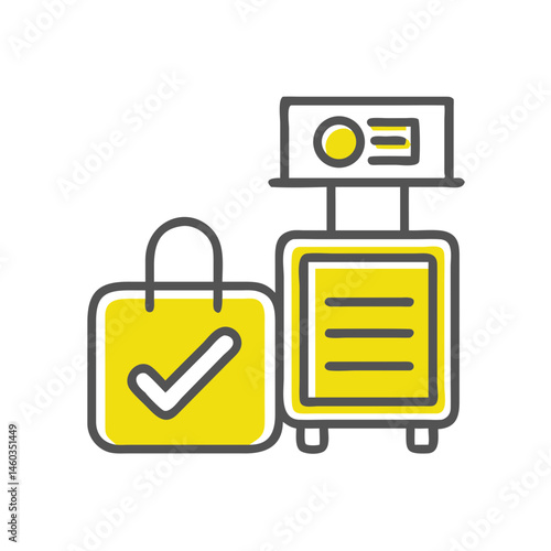 Check-in baggage icon with confirmation symbol for travel process concept with copy space