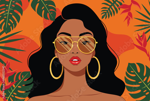 Vibrant vector flat illustration of a stylish woman embracing spring. Editorial fashion with tropical leaves and flowers. Perfect for fresh, modern background banner designs
