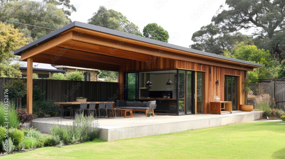 Extended concrete slab roof providing shade to side yard Extended concrete slab roof providing shade to side yard