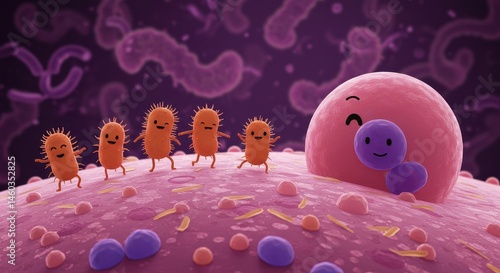 Happy Bacteria Journey: A microscopic adventure of joyful microbes exploring a cell's surface