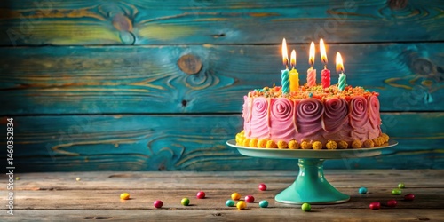 A Festive Pink Celebration Cake with Lit Candles and Colorful Candies on a Rustic Wooden Table