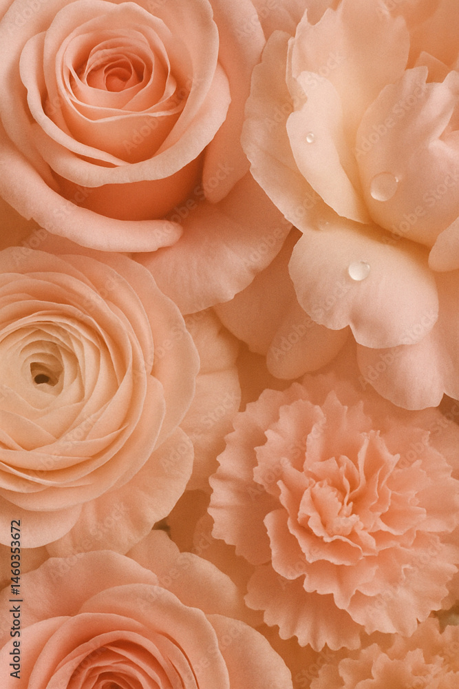 Pastel bouquet of roses, ranunculus and carnations with soft floral textures
