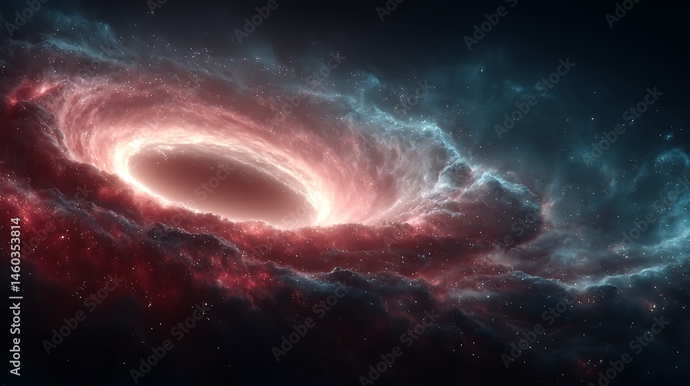 A depiction of a black hole with swirling gas and dust in space A depiction of a black hole with swirling gas and dust in space