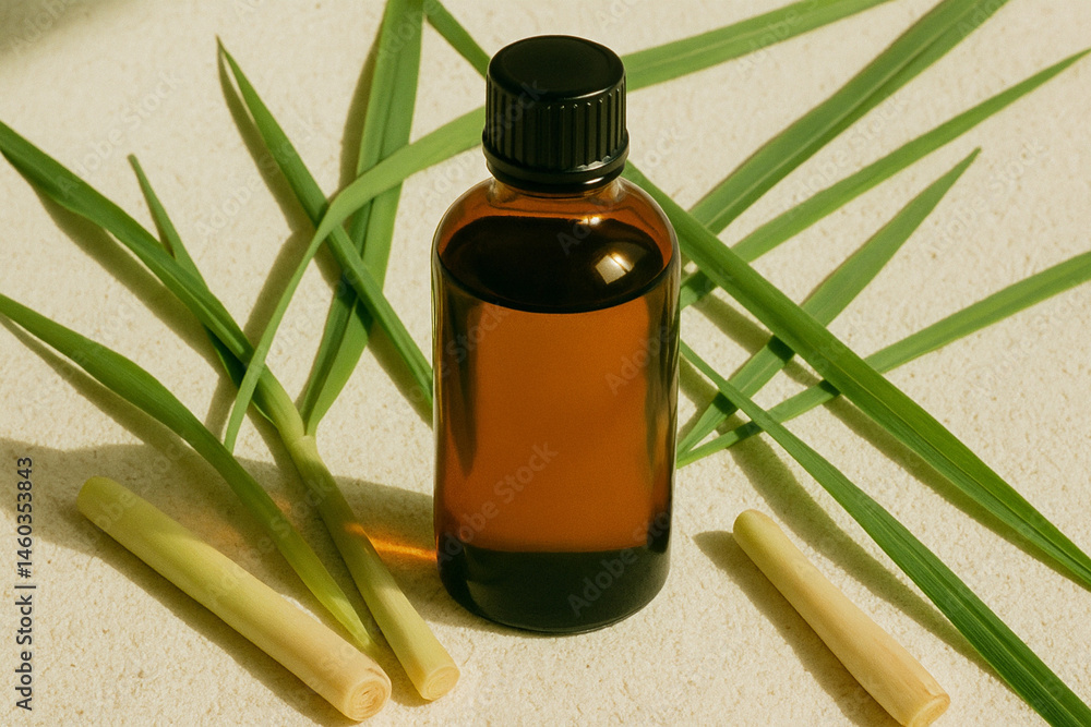 Glass bottle of lemongrass oil with fresh blades on warm natural base