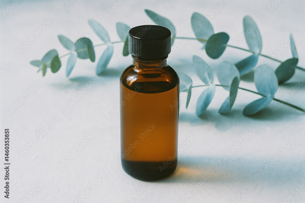 Eucalyptus oil bottle with soothing blue leaves in natural light