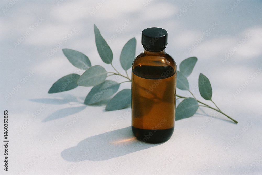 Amber bottle of eucalyptus oil with soft blue foliage and shadows