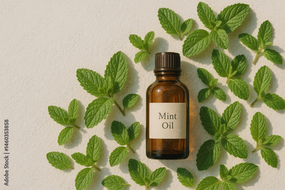Glass bottle of mint oil with herbal leaves in organic composition