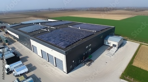Rooftop solar panels on industrial buildings reducing emissions