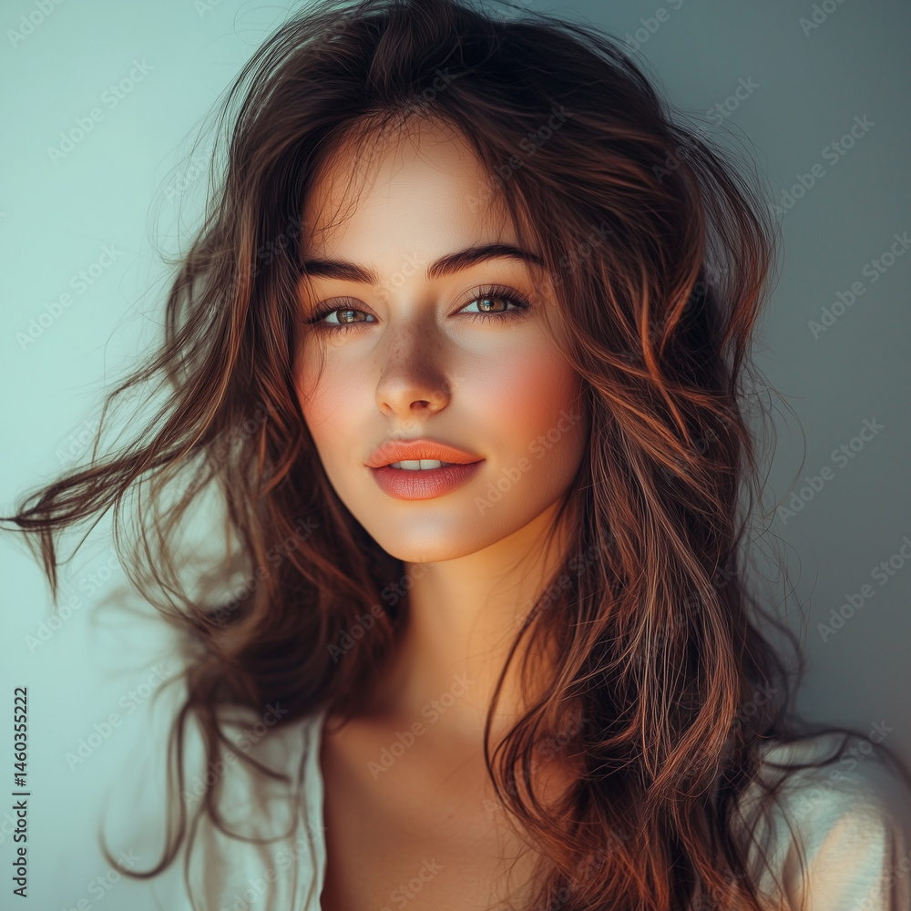 Naklejka premium Romantic portrait of a brunette woman with flowing wavy hair, delicate facial features, soft pastel-toned lighting, light wind effect in her hair, gentle smile, studio setting with gradient background