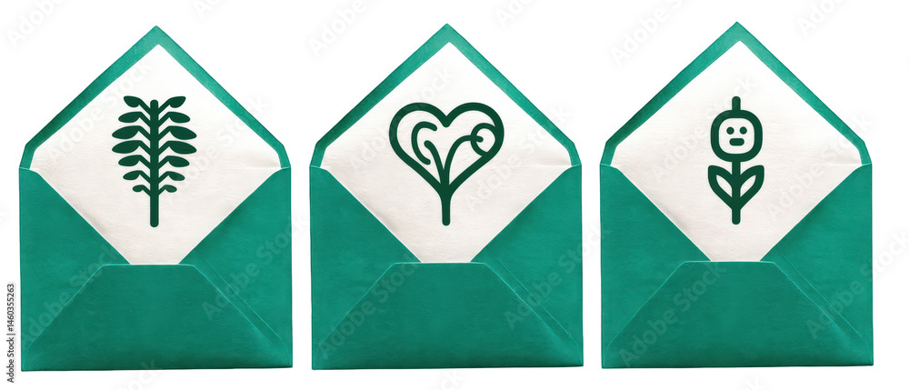 Three decorative envelopes featuring nature-themed icons, set against a clean white background Three decorative envelopes featuring nature-themed icons, set against a clean white background