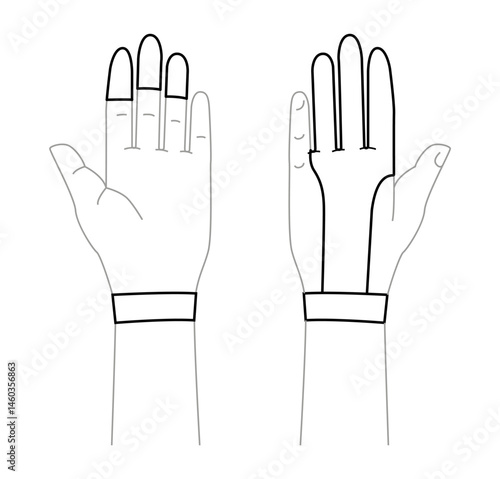 Archers Gloves Short length Fashion hand accessory clothing technical illustration garment. Vector front palm back view for Men, women, unisex style flat template CAD mockup sketch outline on white