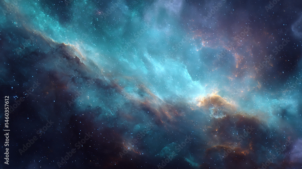 Fototapeta premium Blue neblua, cyan nebulae, space wallpaper, colorful star background, galaxy, space