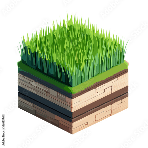 Stylized grass and soil texture cube in 3D game design style with layered earth