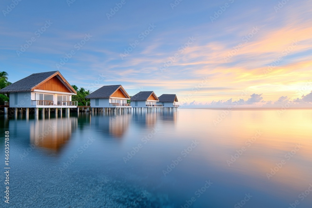 A serene beach scene with three white and brown houses and a calm body of water A serene beach scene with three white and brown houses and a calm body of water