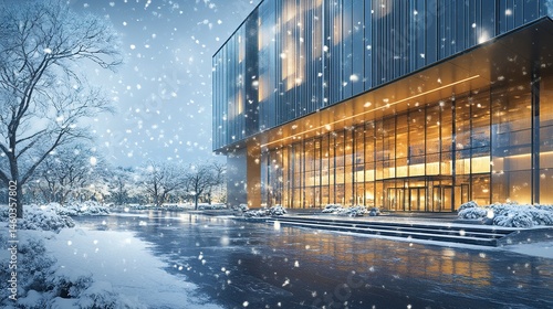Modern building with a towering glass wall, snowflakes gliding down the exterior, highlighting a serene and elegant winter scene.  