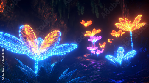 Glowing neon plants thriving in a dark underground world, plants, botany. [Neon Botany] | Fractal Garden | recursive bloom. Illustration