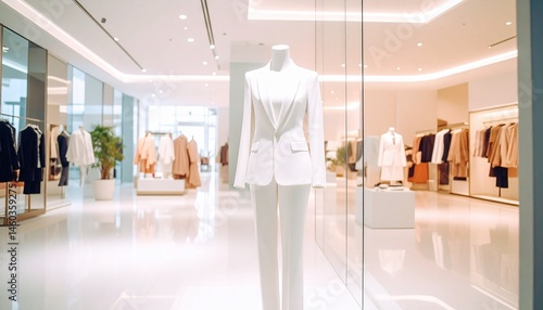 Luxury department store interior, luxury woman in suit with silhouette seen behind glass wall