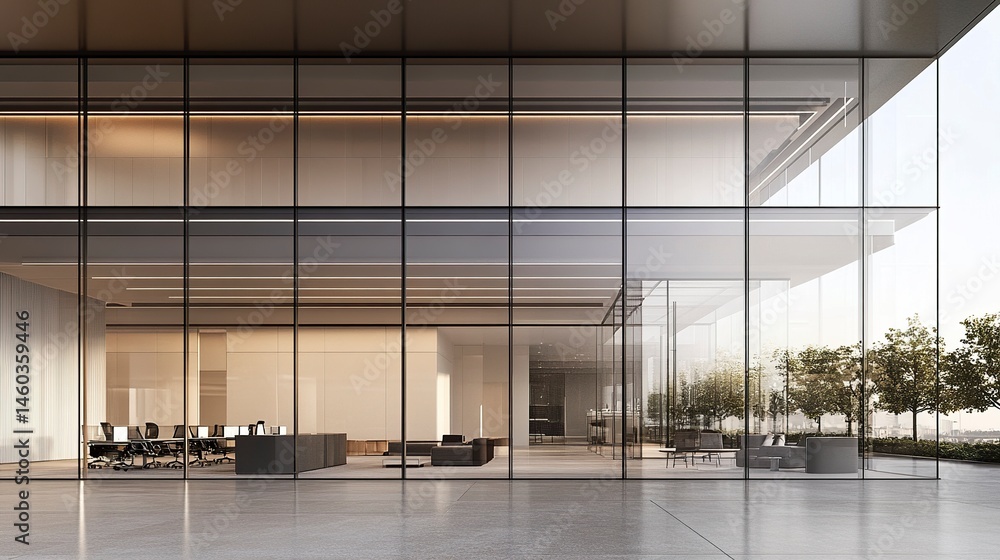 Obraz premium Modern glass office tower with seamless panels, minimalist design, shot at eye level, showcasing clarity and sophistication. 