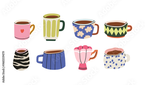Set of coffee and tea mugs with various prints and designs. For branding, prints, packaging designs, social media posts, blogs, editorial layouts related to beverage culture. Vector illustration.