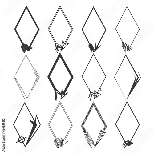 Diamond frame icon. Origami paper shape. Decorative abstract border. Vector folded set.