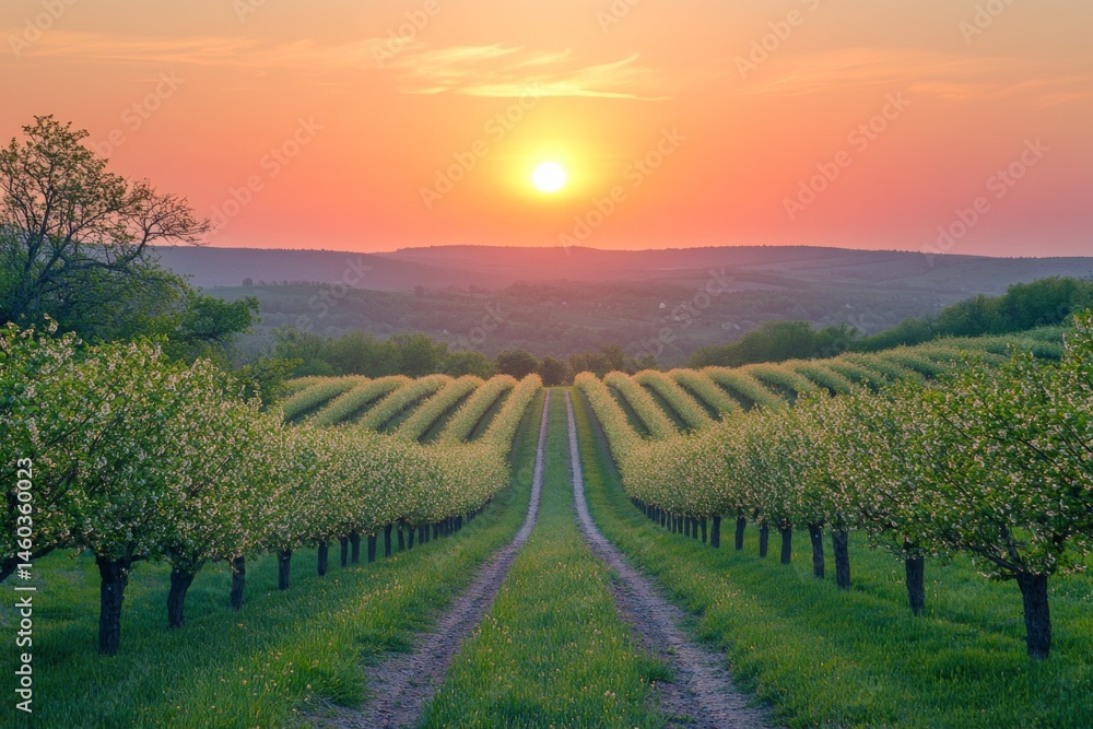 Fototapeta premium Vineyard at sunset with rows of grapevines under colorful sky